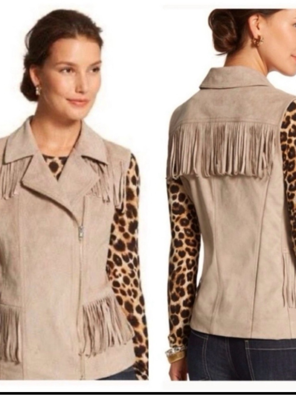 Like new Chico's Tan Suede Fringe Moto Vest Size 2 (M)